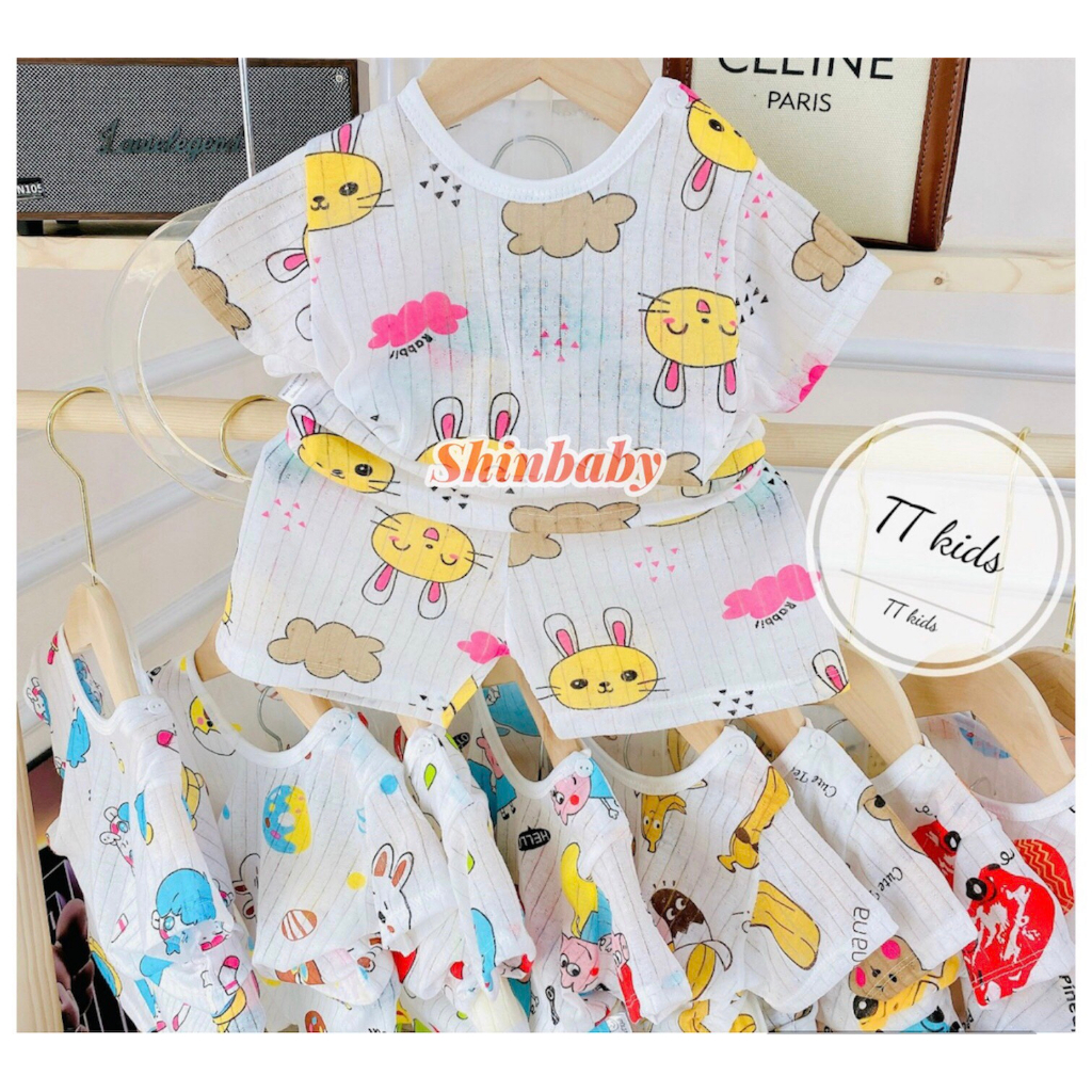 Set 5 bộ cotton giấy cộc tay cài vai mỏng mát cho bé nhiều họa tiết dễ thương