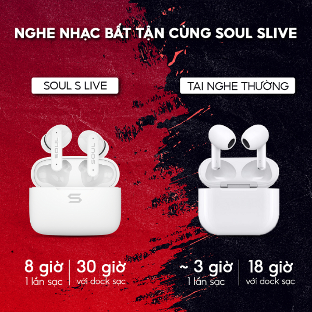 Tai Nghe TWS SOUL S-Live 30, BT 5.3, Kháng IPX4, Độ Trễ 60ms, Nghe Nhạc Đến 30H - Chính Hãng BH 12 Tháng