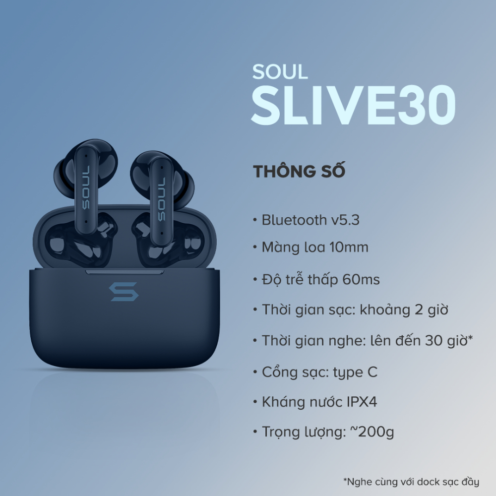 Tai Nghe TWS SOUL S-Live 30, BT 5.3, Kháng IPX4, Độ Trễ 60ms, Nghe Nhạc Đến 30H - Chính Hãng BH 12 Tháng