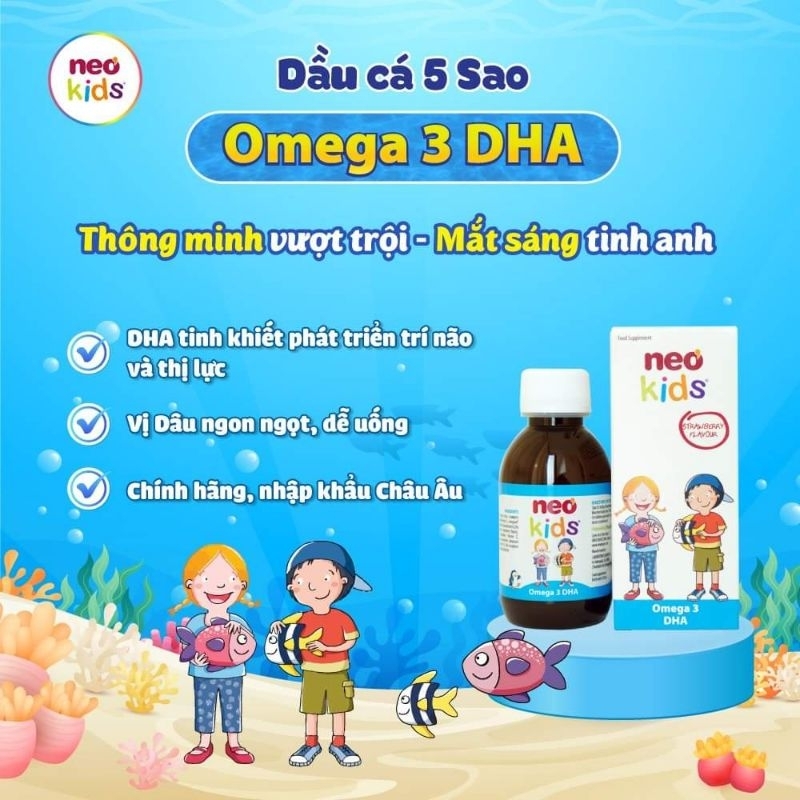 DHA cho bé Neo kids omega 3 DHA cho trẻ sơ sinh, Vitamin D3, A, E giúp phát triển trí não tăng cường thị lực Hộp 150ml