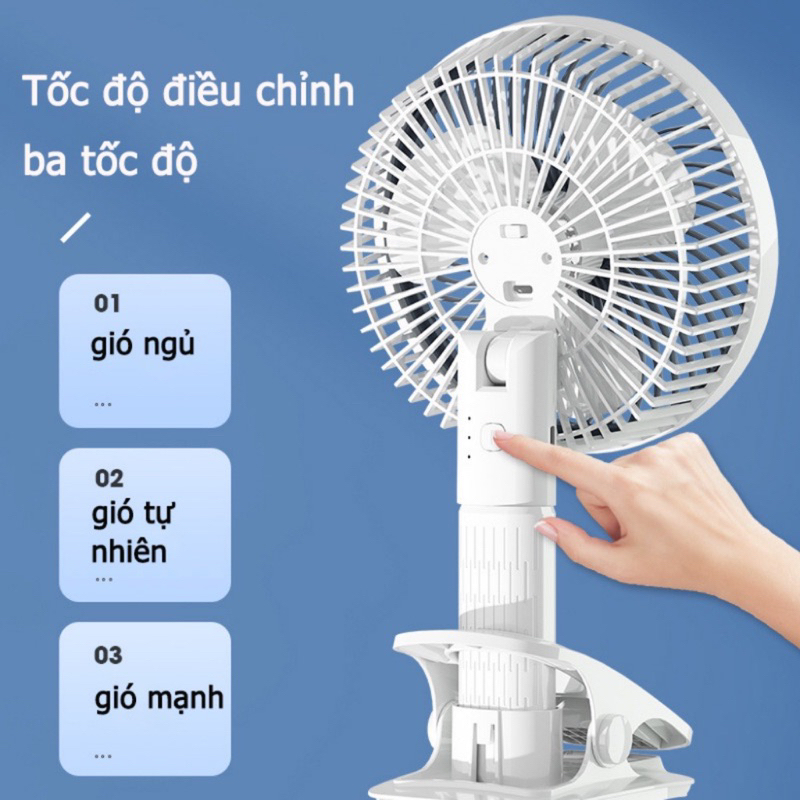 Quạt tích điện để bàn mini Super, quạt kẹp bàn, quạt cầm tay gấp gọn 3 tốc độ xoay 360 độ sạc USB