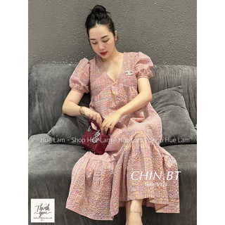 Váy kẻ hồng cổ tim đuôi cá hot hit kèm tagg đá