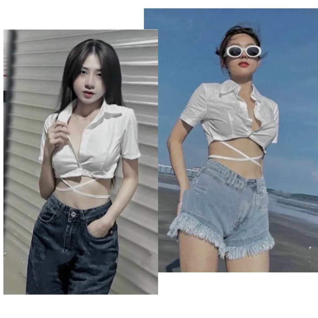 Áo Sơ Mi Tay CropTop Cột Dây Eo - BT Fahion SM01A
