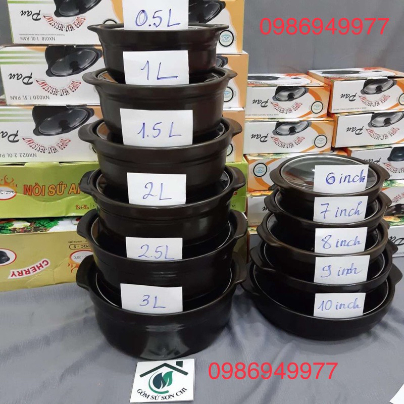Nồi đất nắp kính dùng kho cá, thịt, nấu mì cay (Có 11 size: 0.5L, 1L, 1.5L, 2L, 2.5L, 3L, 6in, 7in, 8in, 9in,10in