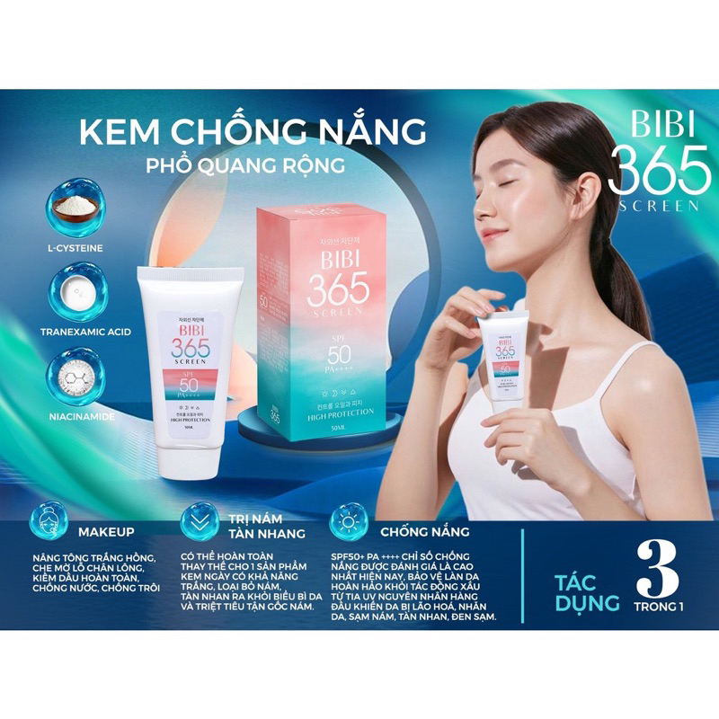 Kem chống nắng nâng tông BiBi 365 Screen SPF 50+ PA++++ 50ml