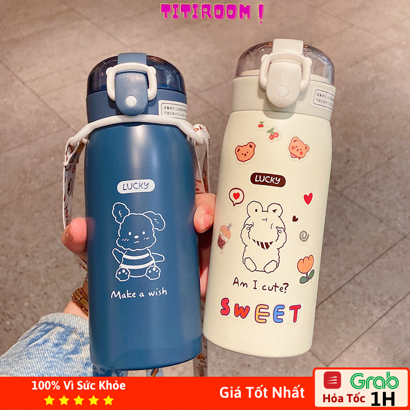 Bình giữ nhiệt 350ml/500ml dễ thương inox 304 bình nước giữ nhiệt có nắp bật tiện lợi