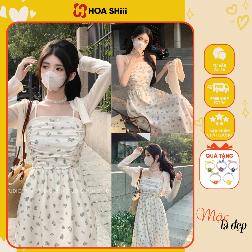 Set váy hai dây hoa nhí dáng dài kèm áo khoác cardigan Đầm maxi dáng suông phong cách tiểu thư