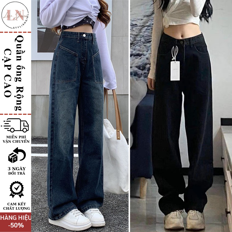 Quần jean nữ ống suông rộng cạp cao LUNA JEAN,quần bò jeans nữ xám đen ống rộng phong cách Retro Ulzzang 2023