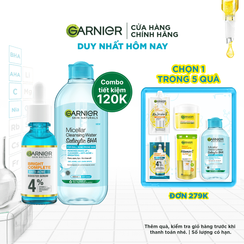 Bộ đôi dưỡng chất và nước tẩy trang làm sạch sâu, giảm mụn Garnier (mới)