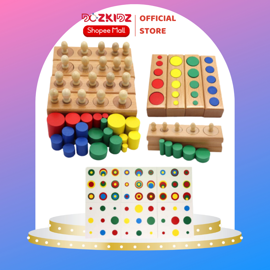 Đồ chơi Montessori set 2 món trụ có núm và không núm size nhỏ, đồ chơi gỗ cho bé học tại nhà - DOZKIDZ