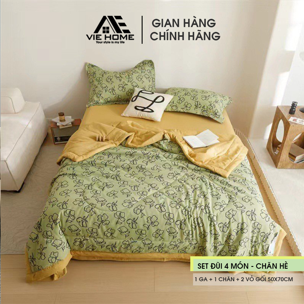 Bộ chăn ga gối Cotton Đũi VIE HOME - Bedding mềm mát nhiều họa tiết đẹp Drap nhiều kích thước bọc nệm M4,m6,M8