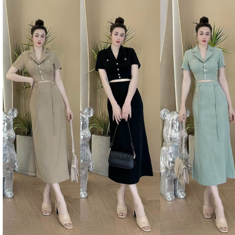 Set đầm váy nữ áo croptop dạng vest phối chân váy suông dài sang chảnh dành cho các nàng đi chơi, đi làm siêu xinh.
