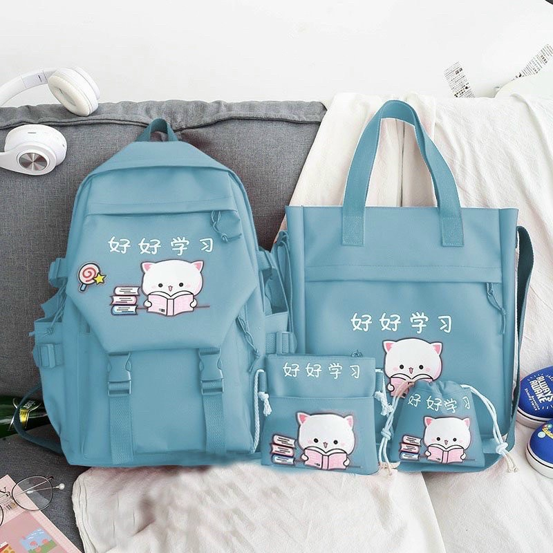 Balo Bộ 4 Món, Combo 4 Món Đi Học Đi Chời Thời Trang Hình Mèo Kẹo