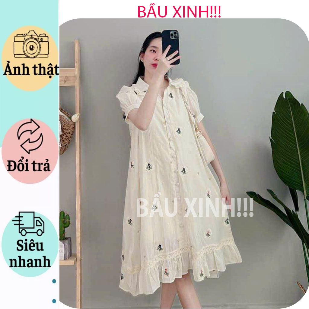 VÁY BẦU CÔNG SỞ DỰ TIỆC MÙA HÈ-ĐẦM BẦU BABAY DOLL HOA CỔ SEN DÁNG TIỂU THƯ XINH XẮN MAXI DÁNG DÀI