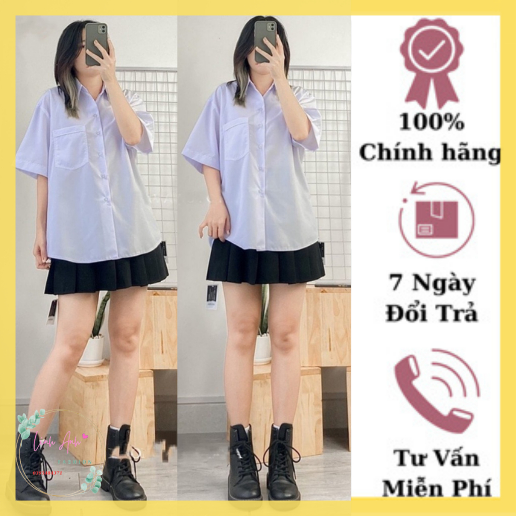 Áo sơ mi trắng nữ cộc tay học sinh - Áo sơ mi nữ tay ngắn lỡ form rộng túi ngực cổ bẻ xanh trắng học sinh mặc đi học đẹp