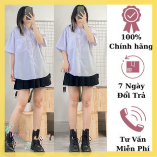 Áo sơ mi trắng nữ cộc tay học sinh - Áo sơ mi nữ tay ngắn lỡ form rộng túi ngực cổ bẻ xanh trắng học sinh mặc đi học đẹp