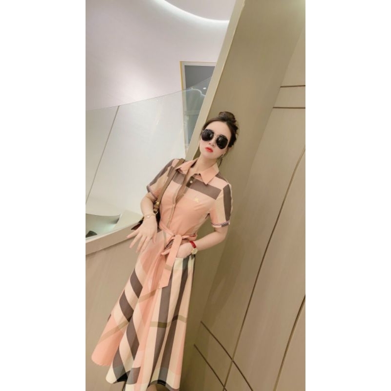 Hàng nhập - Đầm dáng xòe tay ngắn kẻ ô sang trọng, váy xòe cổ sơ mi thắt nơ eo