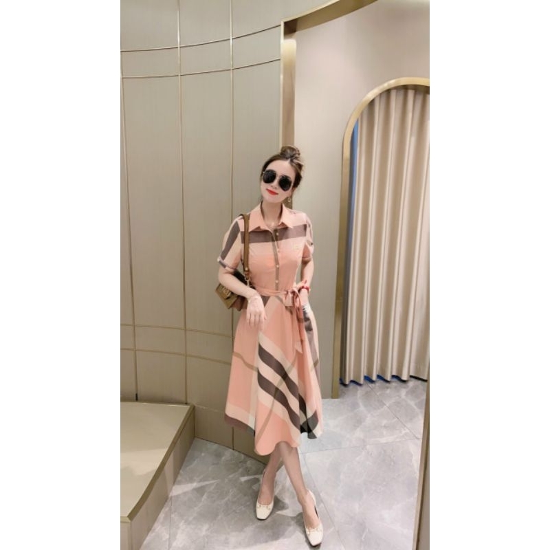 Hàng nhập - Đầm dáng xòe tay ngắn kẻ ô sang trọng, váy xòe cổ sơ mi thắt nơ eo