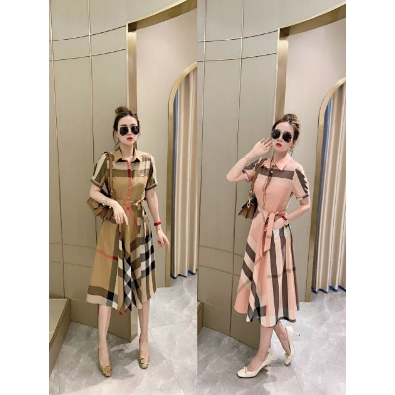 Hàng nhập - Đầm dáng xòe tay ngắn kẻ ô sang trọng, váy xòe cổ sơ mi thắt nơ eo