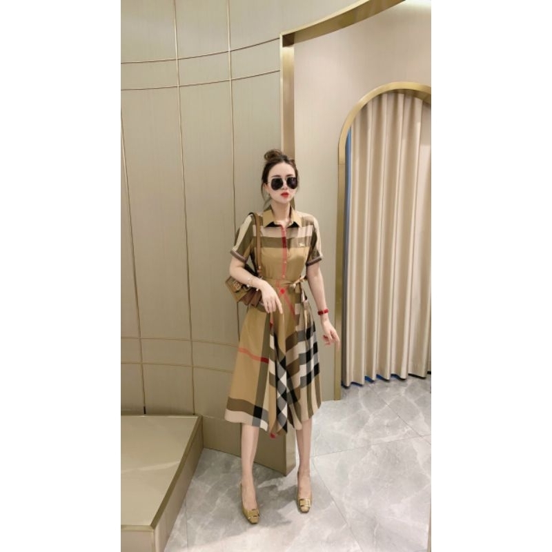 Hàng nhập - Đầm dáng xòe tay ngắn kẻ ô sang trọng, váy xòe cổ sơ mi thắt nơ eo
