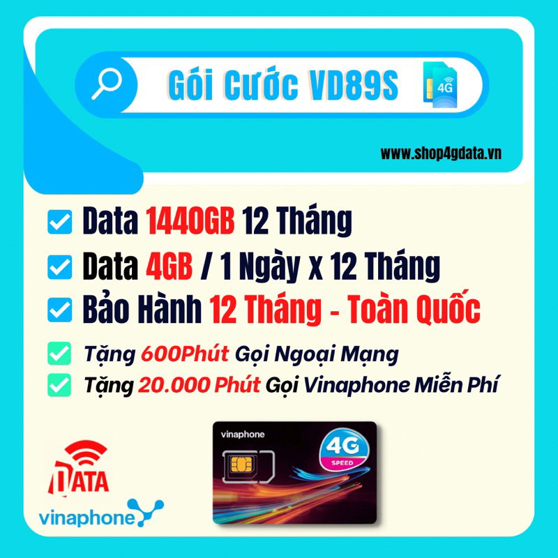 Sim 4G Vinaphone VD89 VD149 Miễn Phí Data 2GB - 4GB 1 Ngày Tốc Độ Cao Và Gọi 12 Tháng