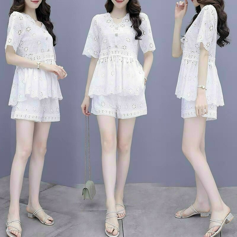 HÀNG NHẬP - SET BỘ SHORT XÔ REN TRẮNG ÁO PEPLUM CAO CẤP - BH07400