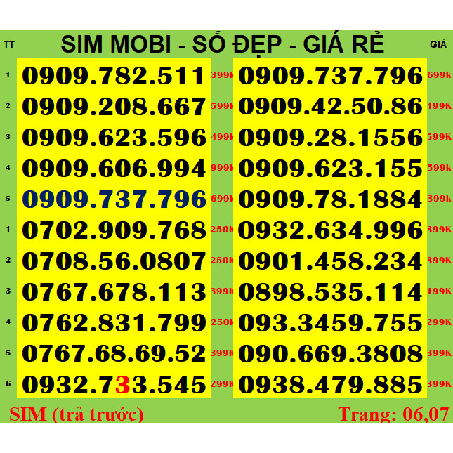 SIM SỐ ĐẸP Mobi0909, 09, 07 List 6_7 -Dể nhớ- Phong Thuỷ - Cặp gánh *** Sim số được nhiều người yêu thích