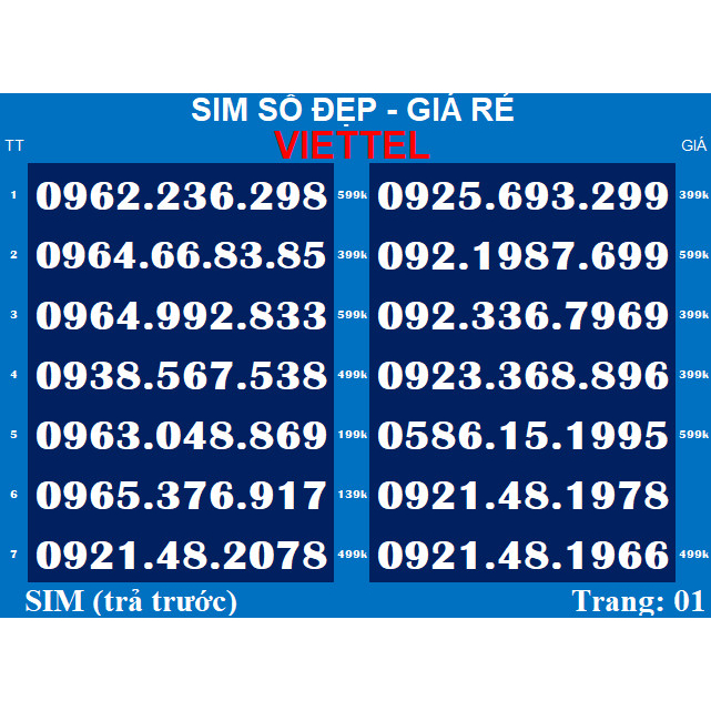 SIM SỐ ĐẸP Viettel T2,3,4 Sim mới 100%, chưa đăng kí, chưa dịch vụ, Sim viettel phủ sóng toàn quốc | vietsky