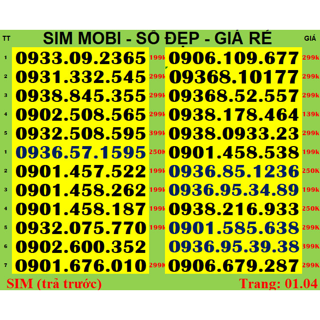 SIM SỐ ĐẸP Mobi09 Giá từ T1,T2 -Dể nhớ- Phong Thuỷ - Cặp gánh *** SIM mobi đầu 09 được nhiều người yêu thích