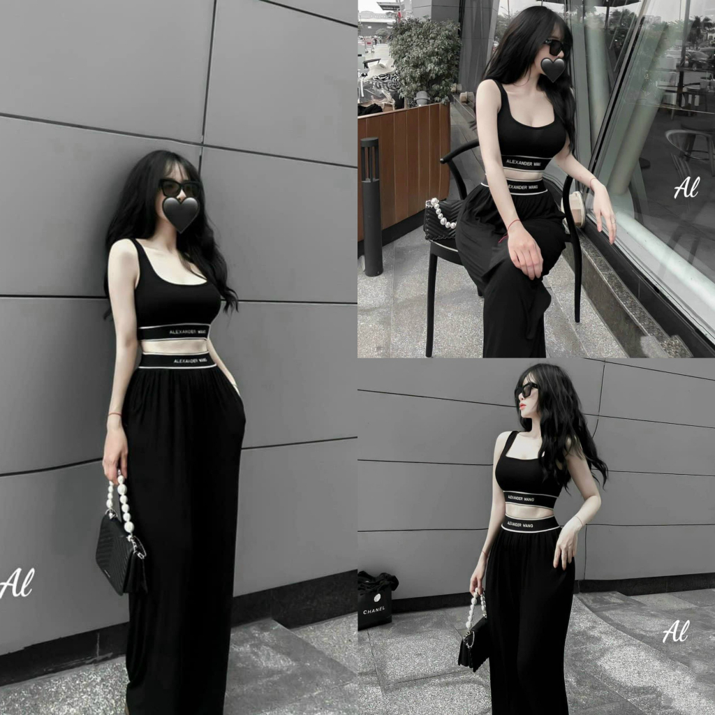 Set bộ đồ nữ thun dẻo áo croptop 2 dây bản to mix quần ống rộng cạp cao phối viền sang chảnh, cá tính phù hợp đi chơi