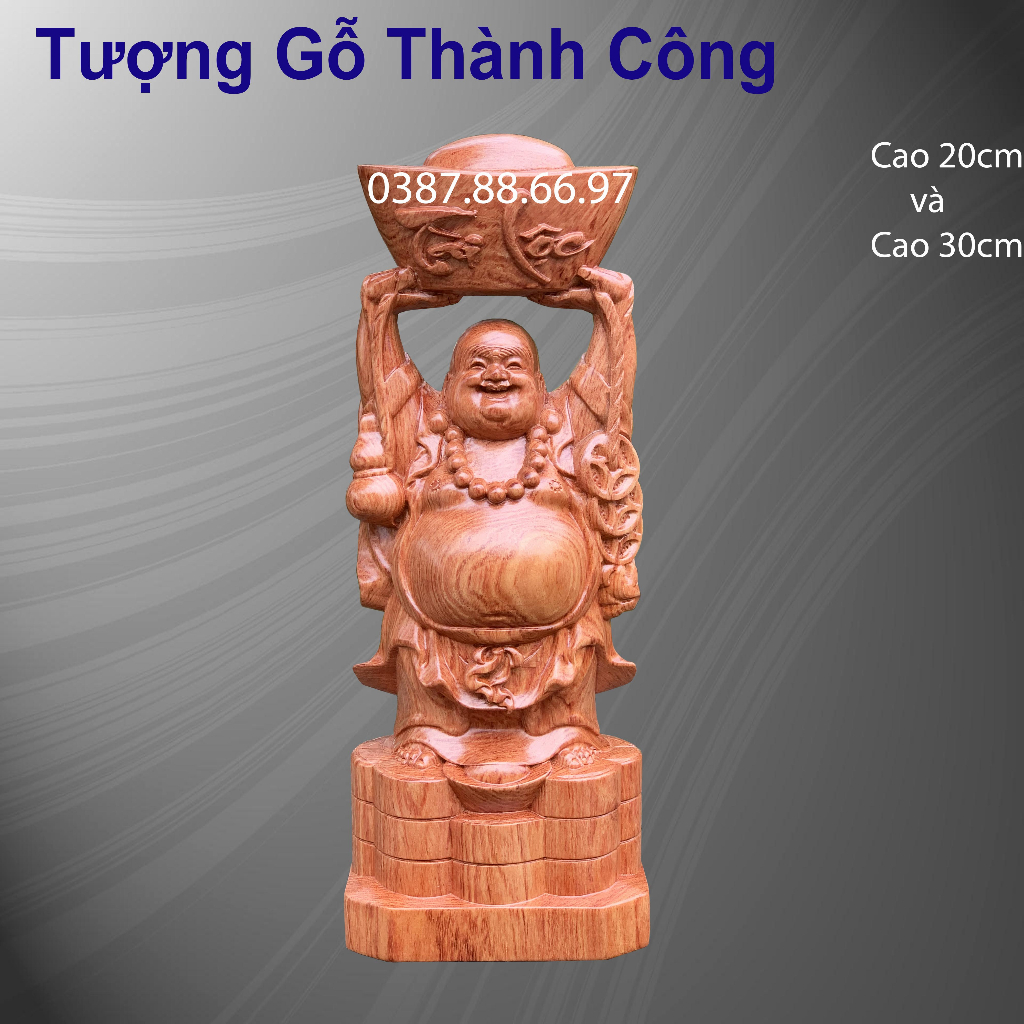 Tượng phật di lặc dâng vàng tài lộc cao 20cm và 30cm gỗ hương nguyên khối