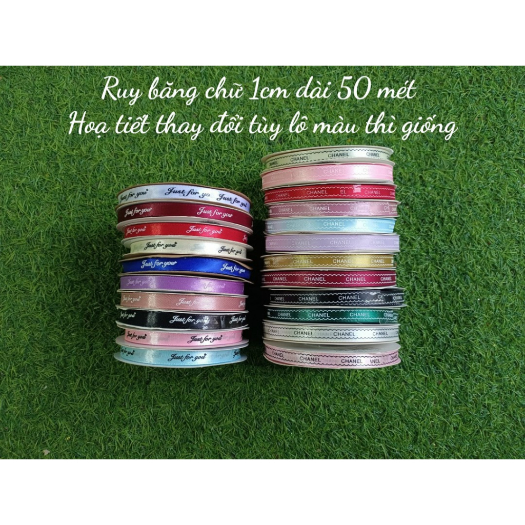 Cuộn ruy băng lụa in chữ rộng 1cm dài 50m