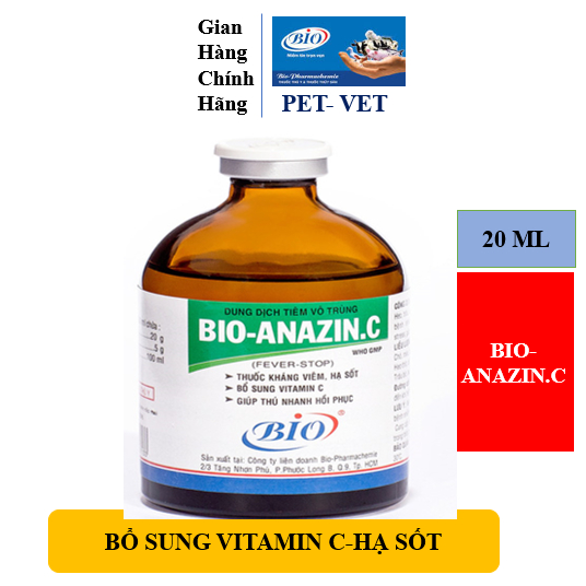 Bio-Anazin C 20ml. Bổ sung Vitamin C, hạ sốt bù nước cho thú nuôi. Hỗ trợ thú nuôi nhanh hồi phục
