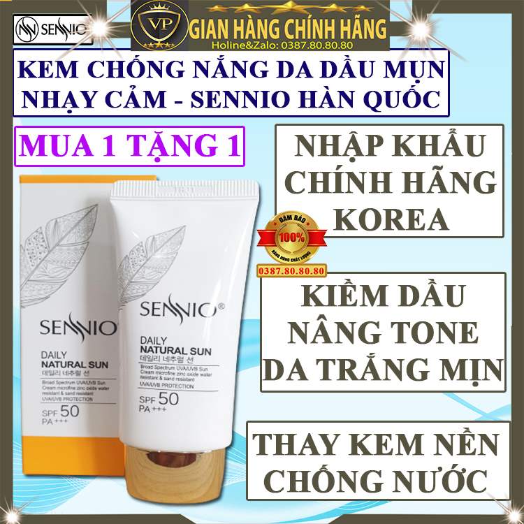 Kem chống nắng cho da dầu mụn nhờn nhạy cảm tốt chính hãng Sennio hàn quốc kcn kiềm dầu nâng tone trắng da mặt vật lý