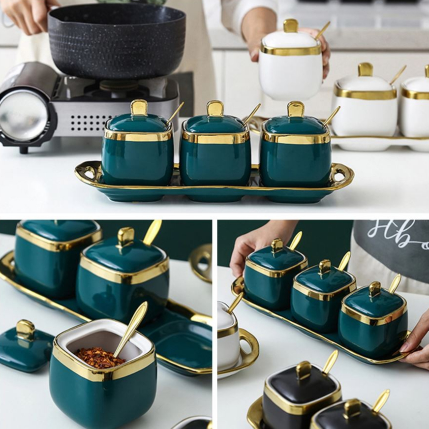 Bộ 3 hũ đựng gia vị bằng sứ viền vàng kèm khay và thìa cao cấp