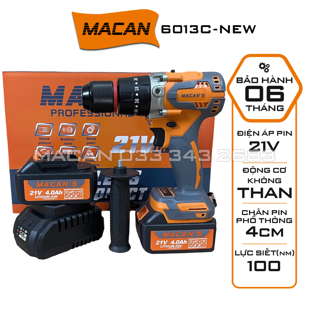 Máy khoan pin MACAN S 6013C Động cơ Không Chổi Than 3 Chức Năng 13mm Tặng 1 túi vải