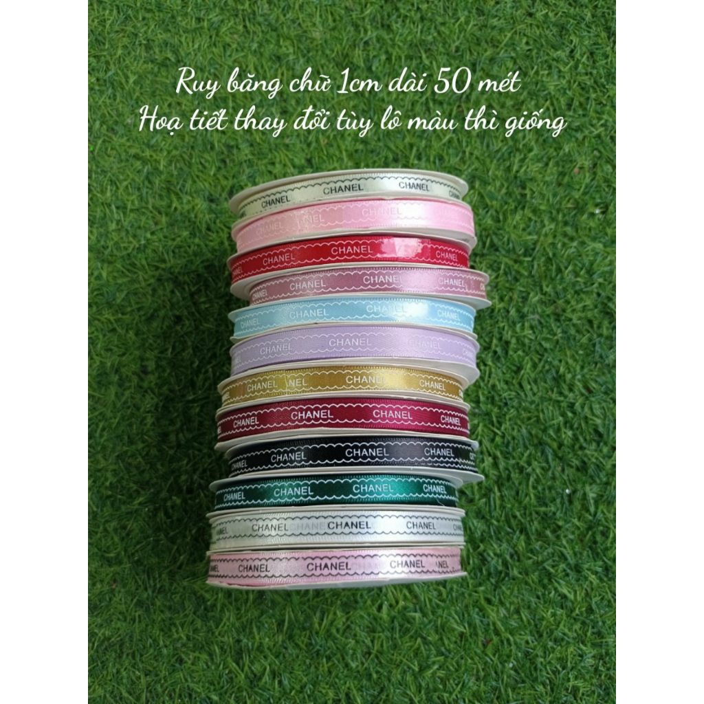 Cuộn ruy băng lụa in chữ rộng 1cm dài 50m