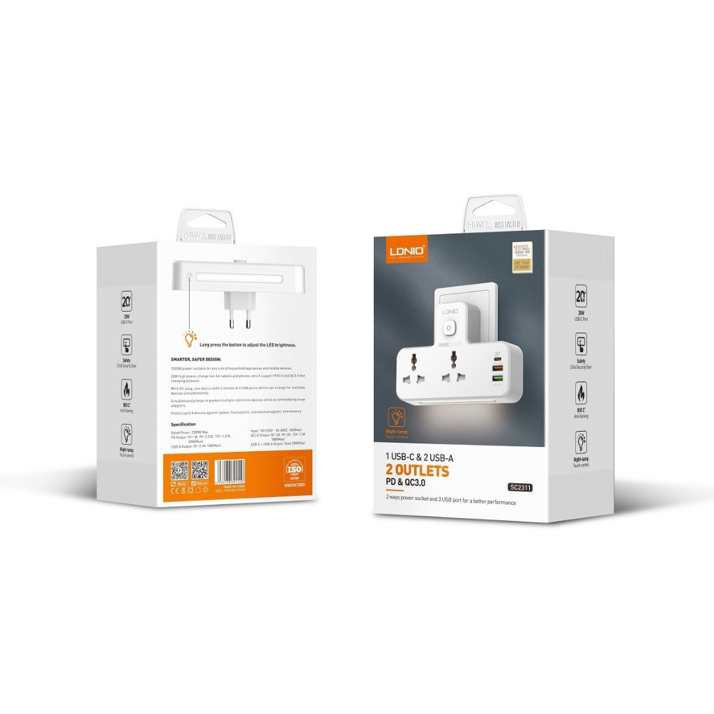 Ổ cắm điện thông minh LDNIO 2 AC Outlets Portable Extension Power Socket SC2311
