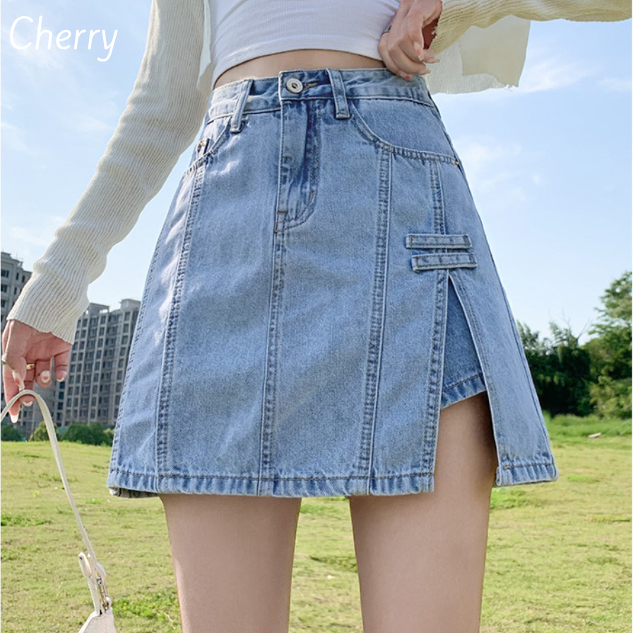 Chân váy jean ngắn xẻ tà CHERRY eo cao phong cách Hàn Quốc, chân váy bò chữ A ngắn cạp cao có quần trong T083 | BigBuy360 - bigbuy360.vn
