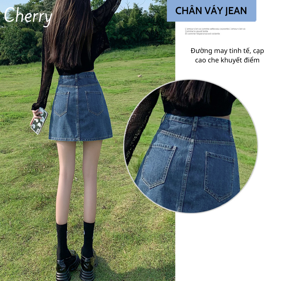 Chân váy jean ngắn xẻ tà CHERRY eo cao phong cách Hàn Quốc, chân váy bò chữ A ngắn cạp cao có quần trong T083 | BigBuy360 - bigbuy360.vn