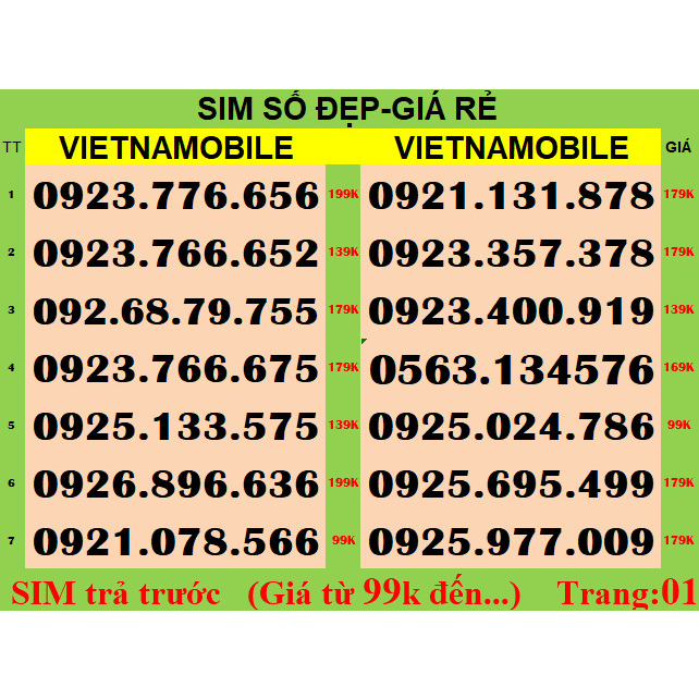 SIM SỐ ĐẸP Vietnamobile 09, T01, Cặp đôi -Dể nhớ- Phong Thuỷ *** Sim số được nhiều người yêu thích