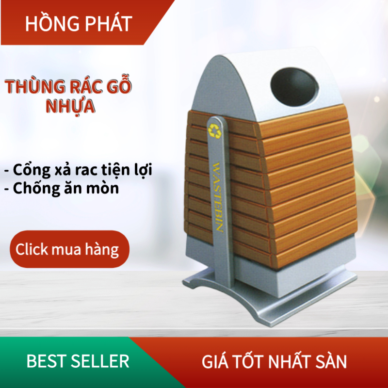 Thùng rác sân vườn 70L gỗ nhựa có mai che mưa và gạt tàn Thùng rác ngoài