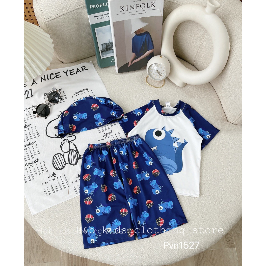 Đồ bơi bé trai , sét bộ bơi 3ct khủng long quần+áo kèm mũ cho bé trai