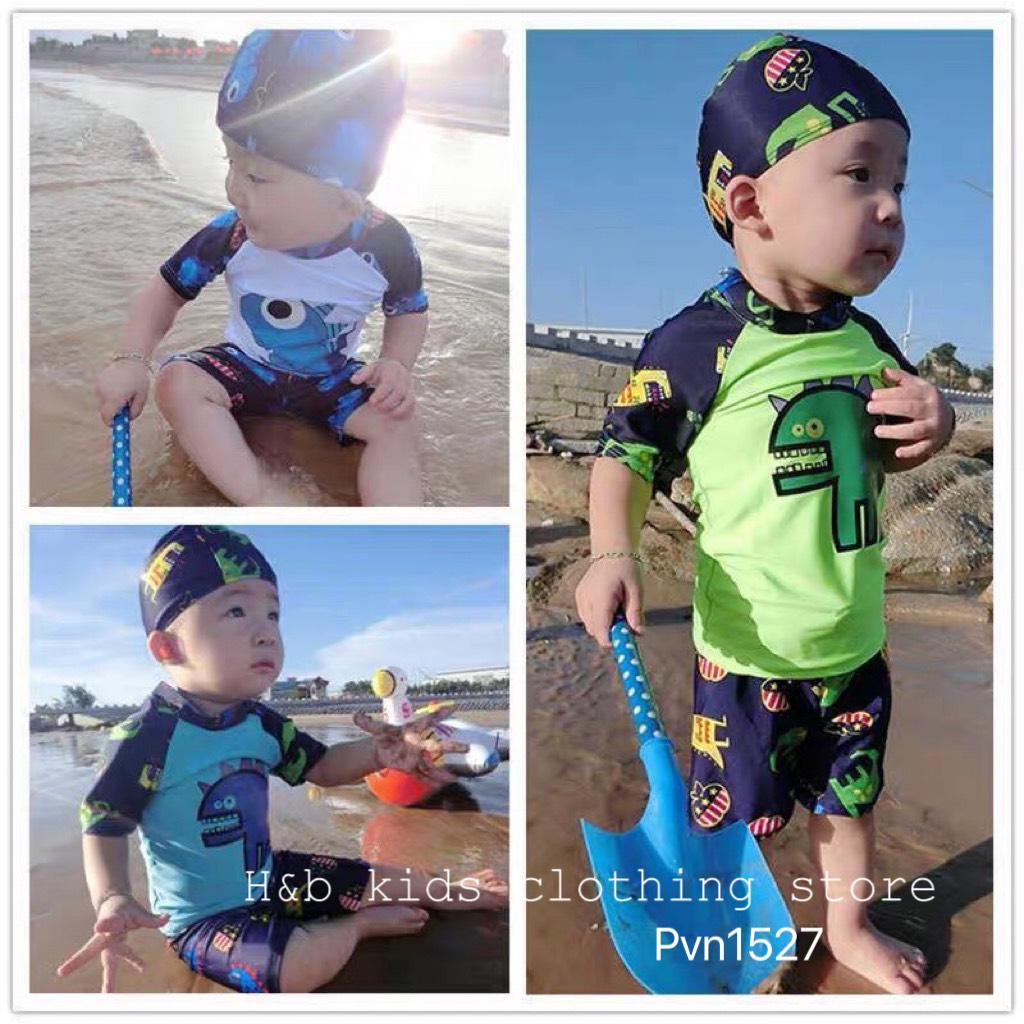 Đồ bơi bé trai , sét bộ bơi 3ct khủng long quần+áo kèm mũ cho bé trai