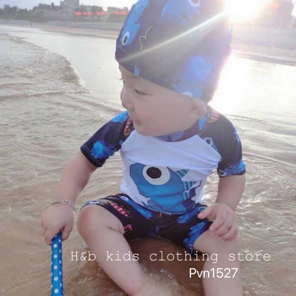 Đồ bơi bé trai , sét bộ bơi 3ct khủng long quần+áo kèm mũ cho bé trai