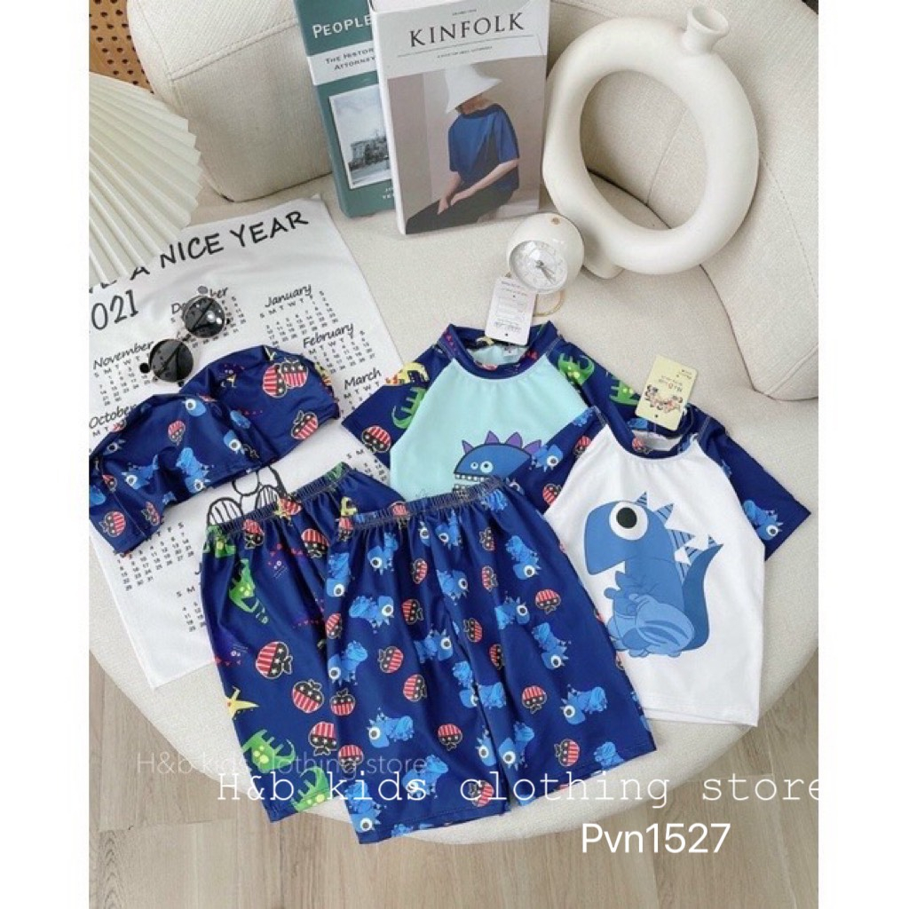 Đồ bơi bé trai , sét bộ bơi 3ct khủng long quần+áo kèm mũ cho bé trai