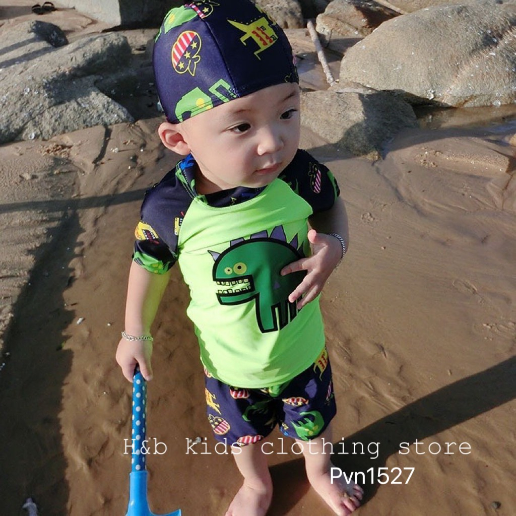 Đồ bơi bé trai , sét bộ bơi 3ct khủng long quần+áo kèm mũ cho bé trai