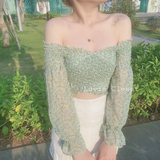 ÁO TRỄ VAI CROPTOP HOA NHÍ CHÉO SIÊU BÁNH BÈO Ẻ3-3 Laca Store, Áo trễ vai họa tiết hoa nhí