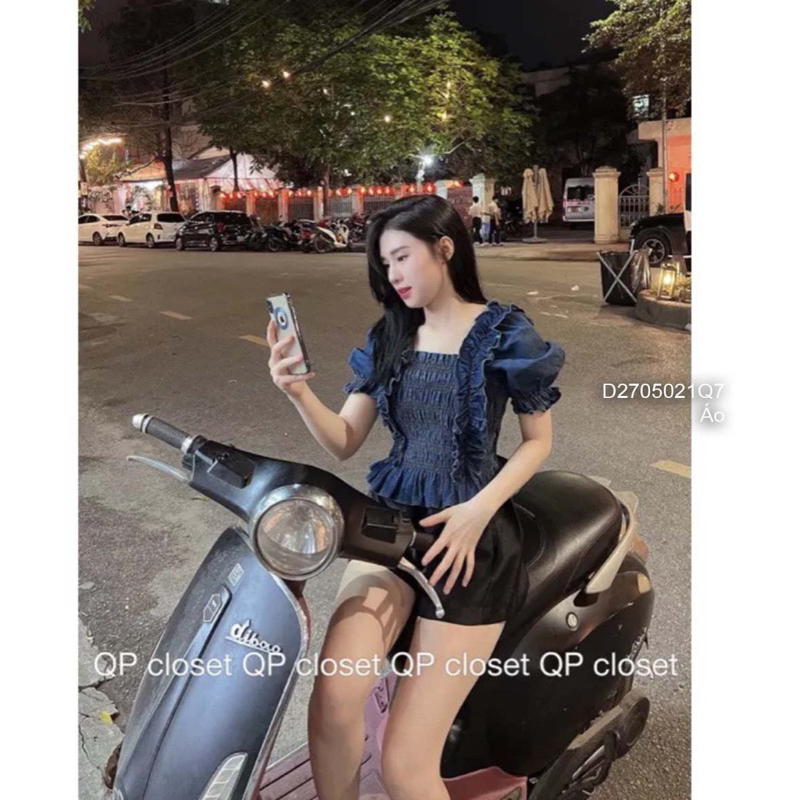 Áo jean kiểu nhún thân phối bèo tay ngắn bo 200k