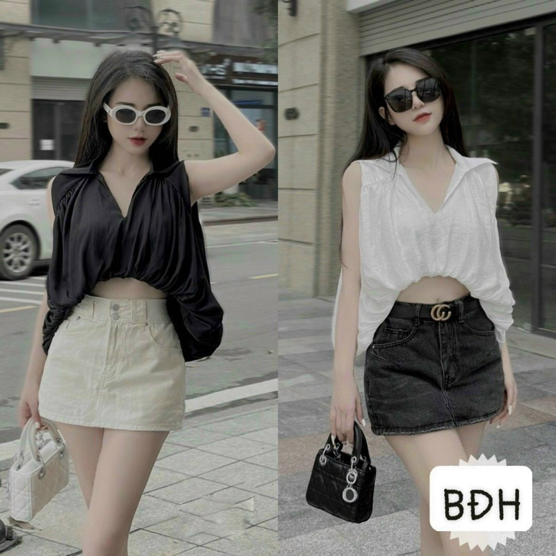 Áo sơ mi cổ V tay hến trẻ trung phong cách Ullzzang Hàn Quốc